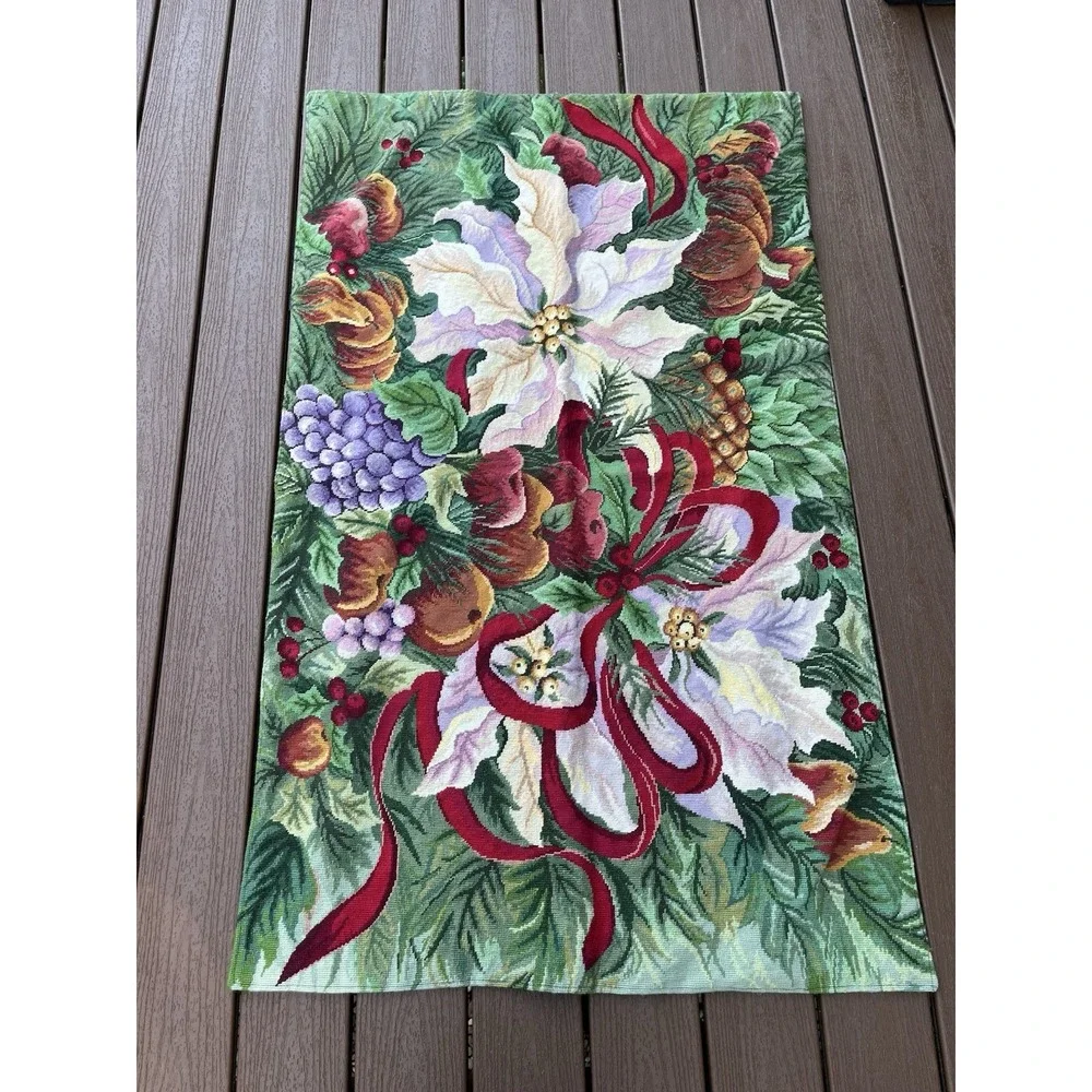 Holiday Tapestry Rug 3'x5' 100% Wool Needlepoint Poinsettia Floor Mat Christmas